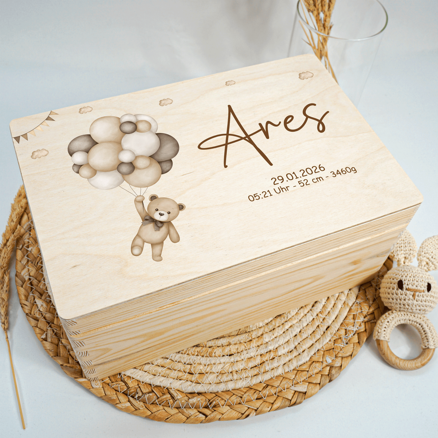 Personalisierte Erinnerungskiste - Beige Teddy & Girlanden