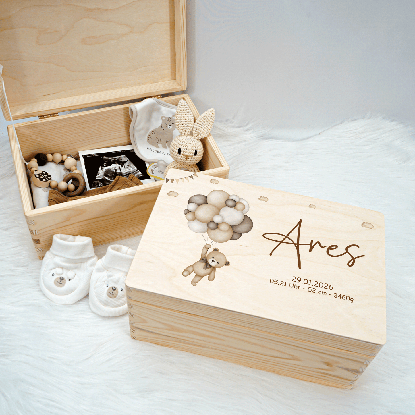 Personalisierte Erinnerungskiste - Beige Teddy & Girlanden