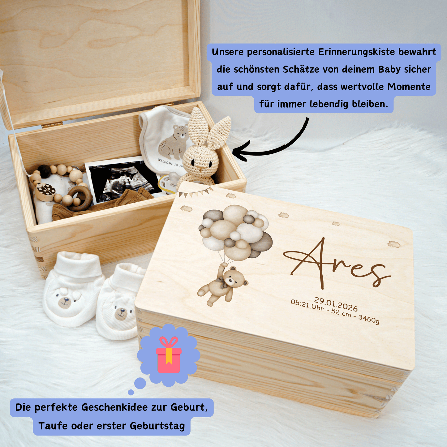 Personalisierte Erinnerungskiste - Beige Teddy & Girlanden