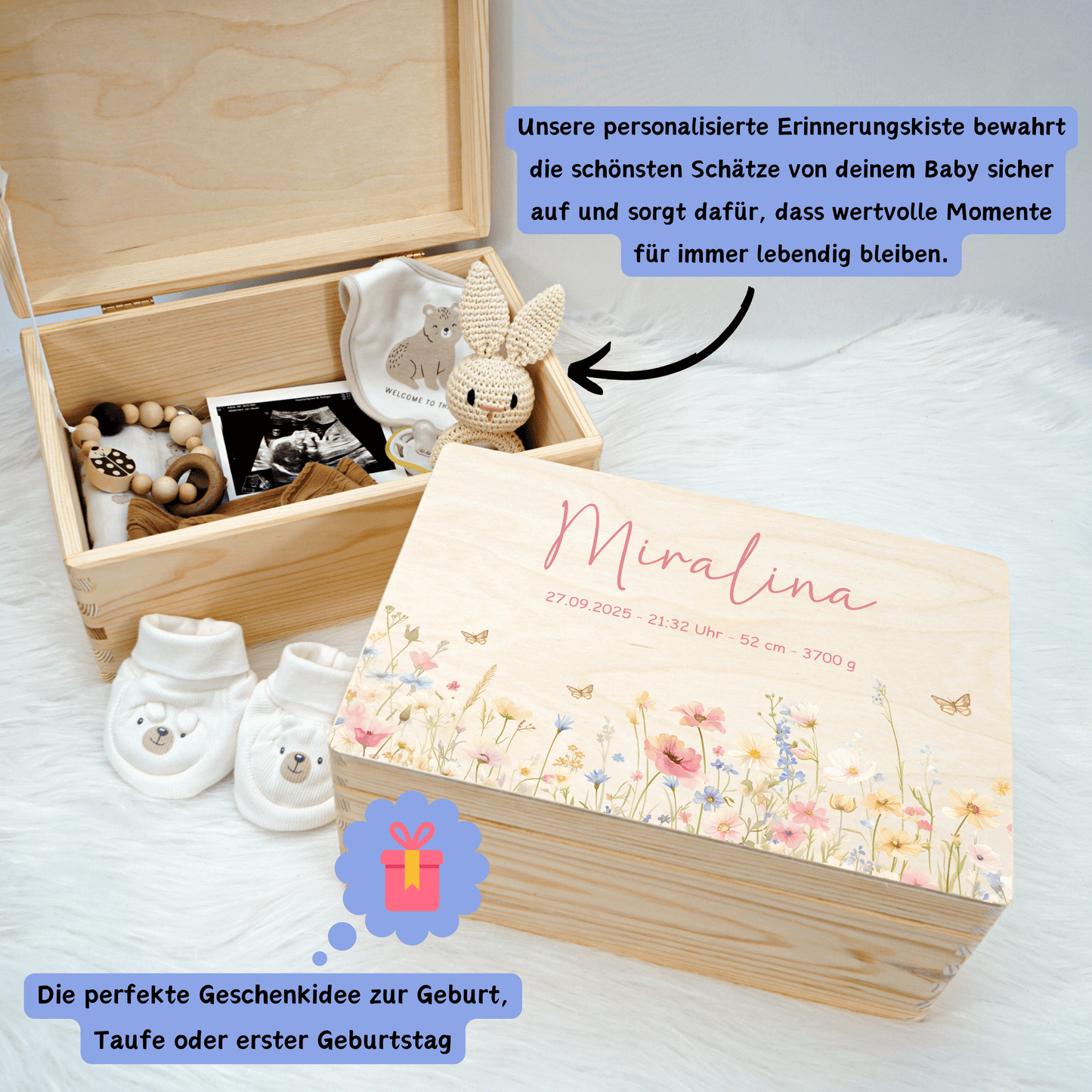 Personalisierte Erinnerungskiste - Rosa Blumenmotiv 2