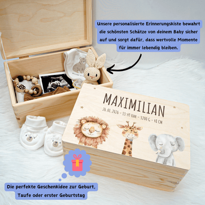 Personalisierte Erinnerungskiste - Süße Safarifreunde