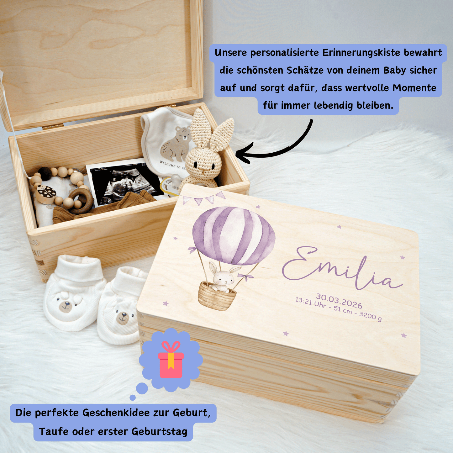 Personalisierte Erinnerungskiste - Niedlicher Hase im Heißluftballon