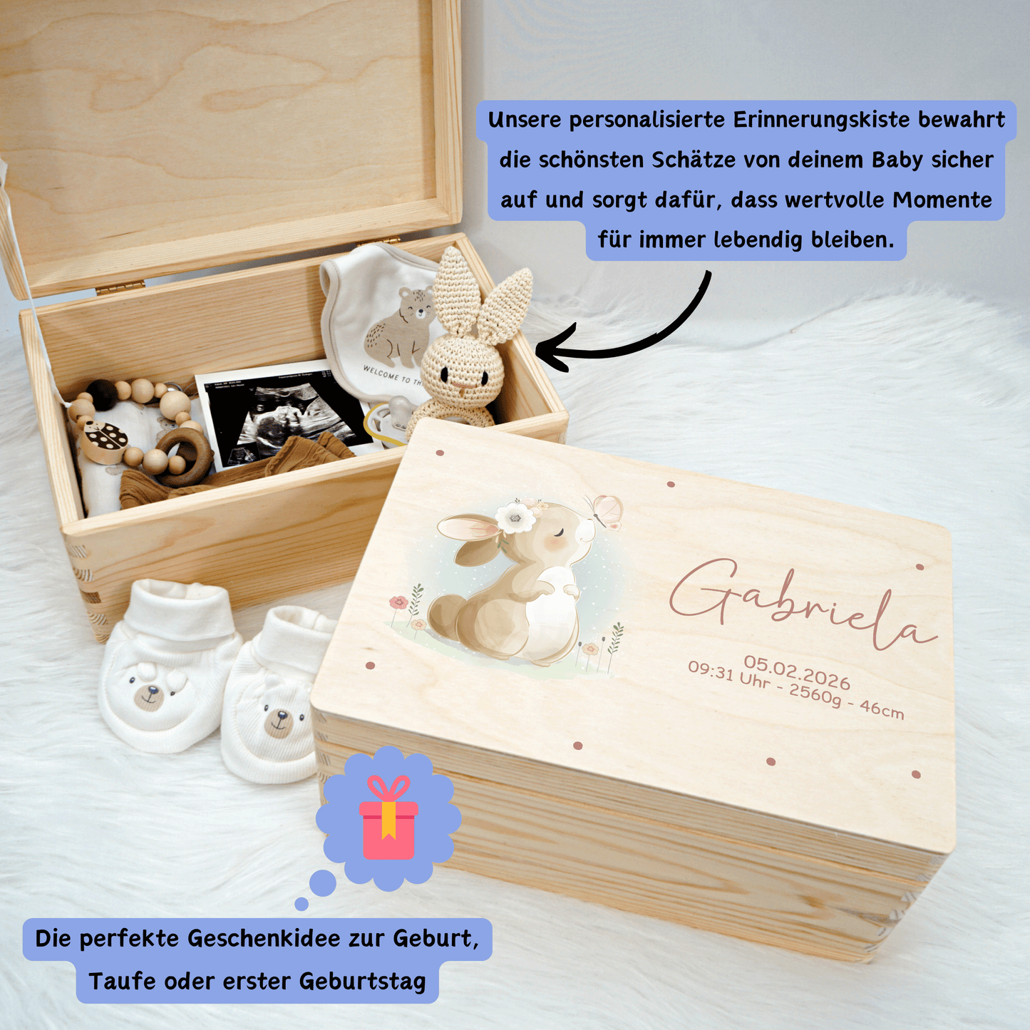 Personalisierte Erinnerungskiste - Hase & Schmetterling
