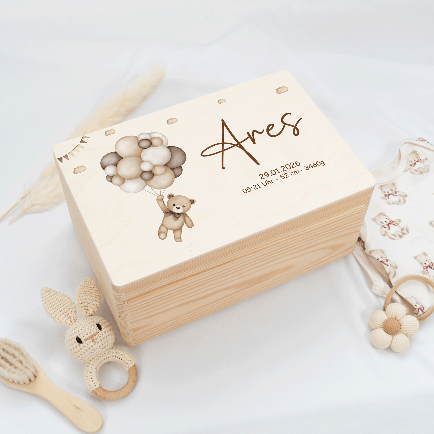 Personalisierte Erinnerungskiste - Beige Teddy & Girlanden
