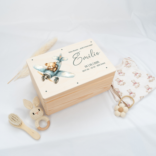 Personalisierte Erinnerungskiste - Teddybär & Helikopter
