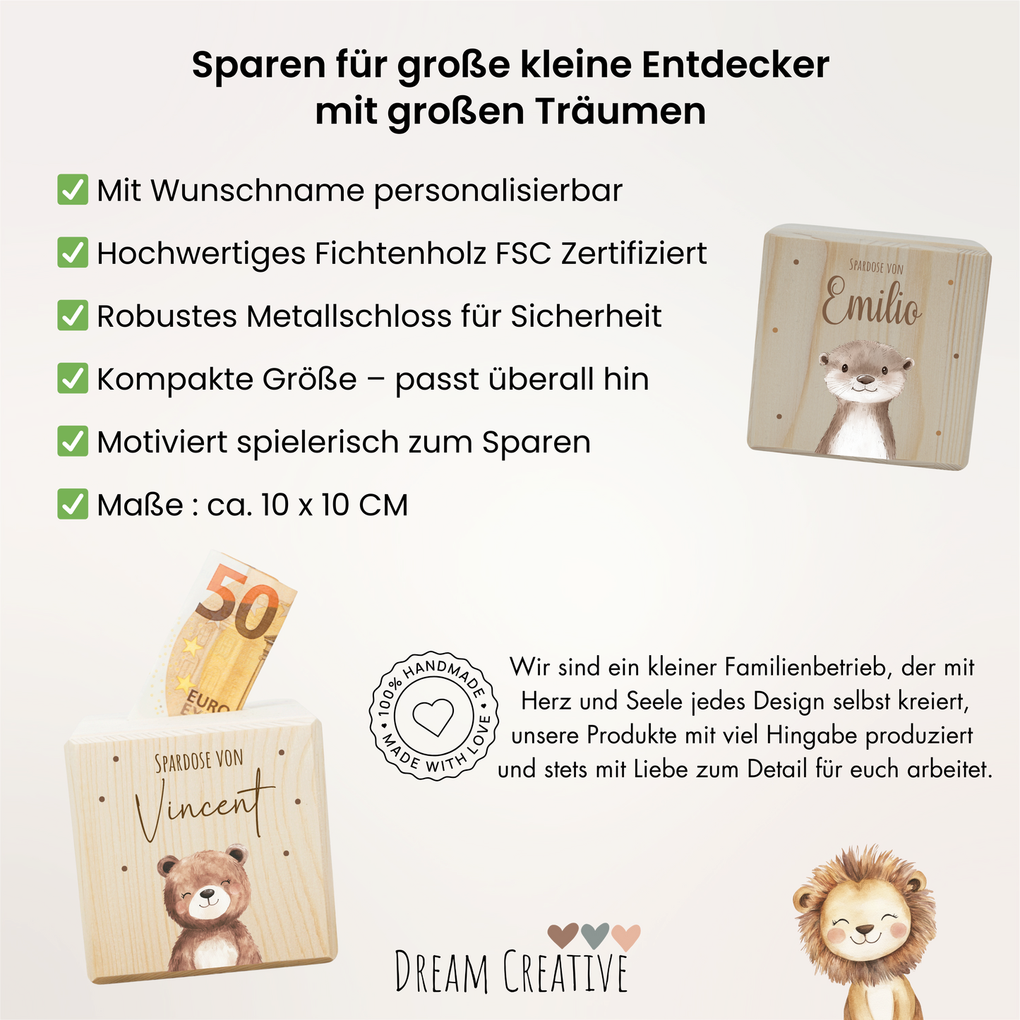 Personalisierte Spardose aus Holz - Waschbär