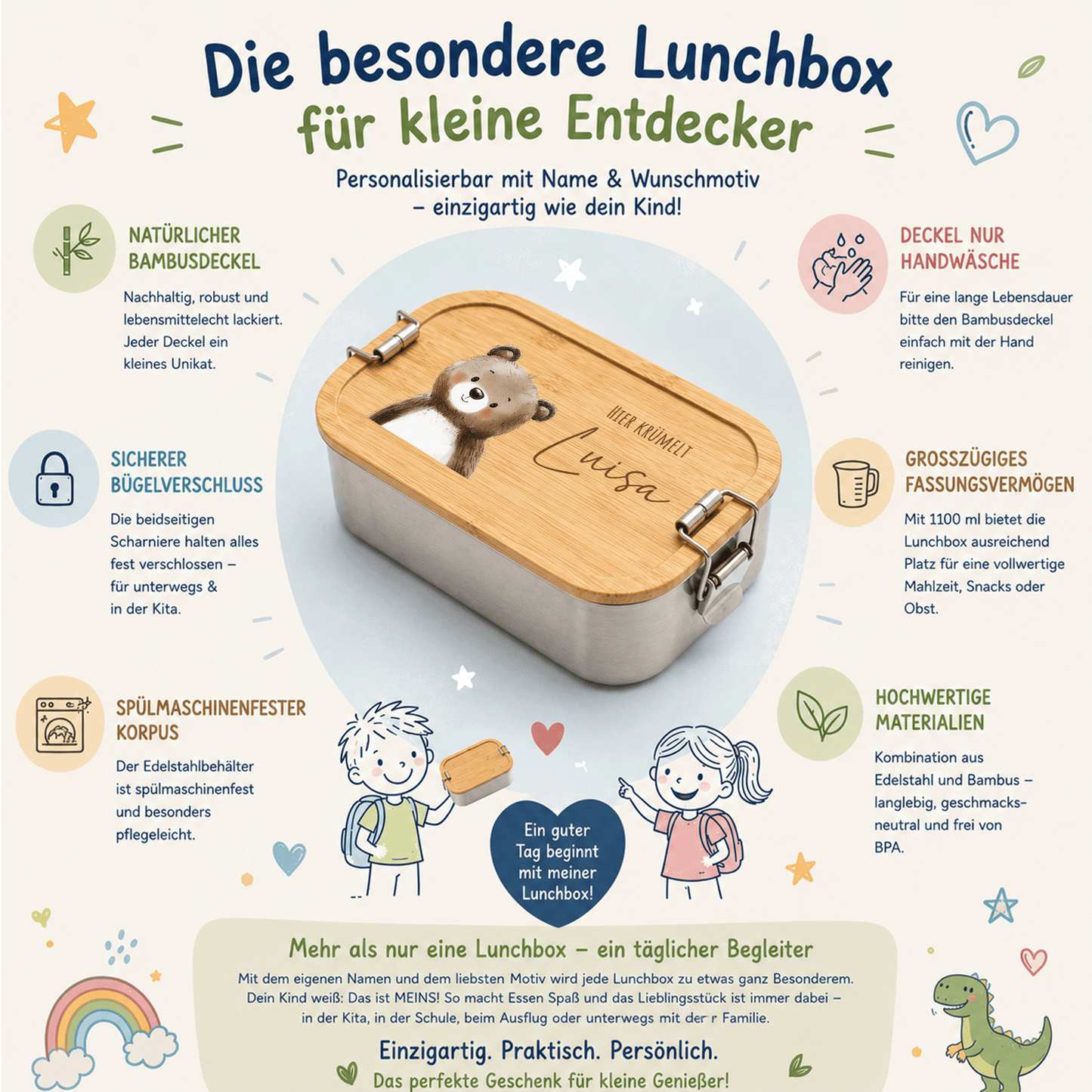 Kita & Schul Starterset - Lunchbox 1100ml & Trinkflasche 500ml - Bär & Luftballons