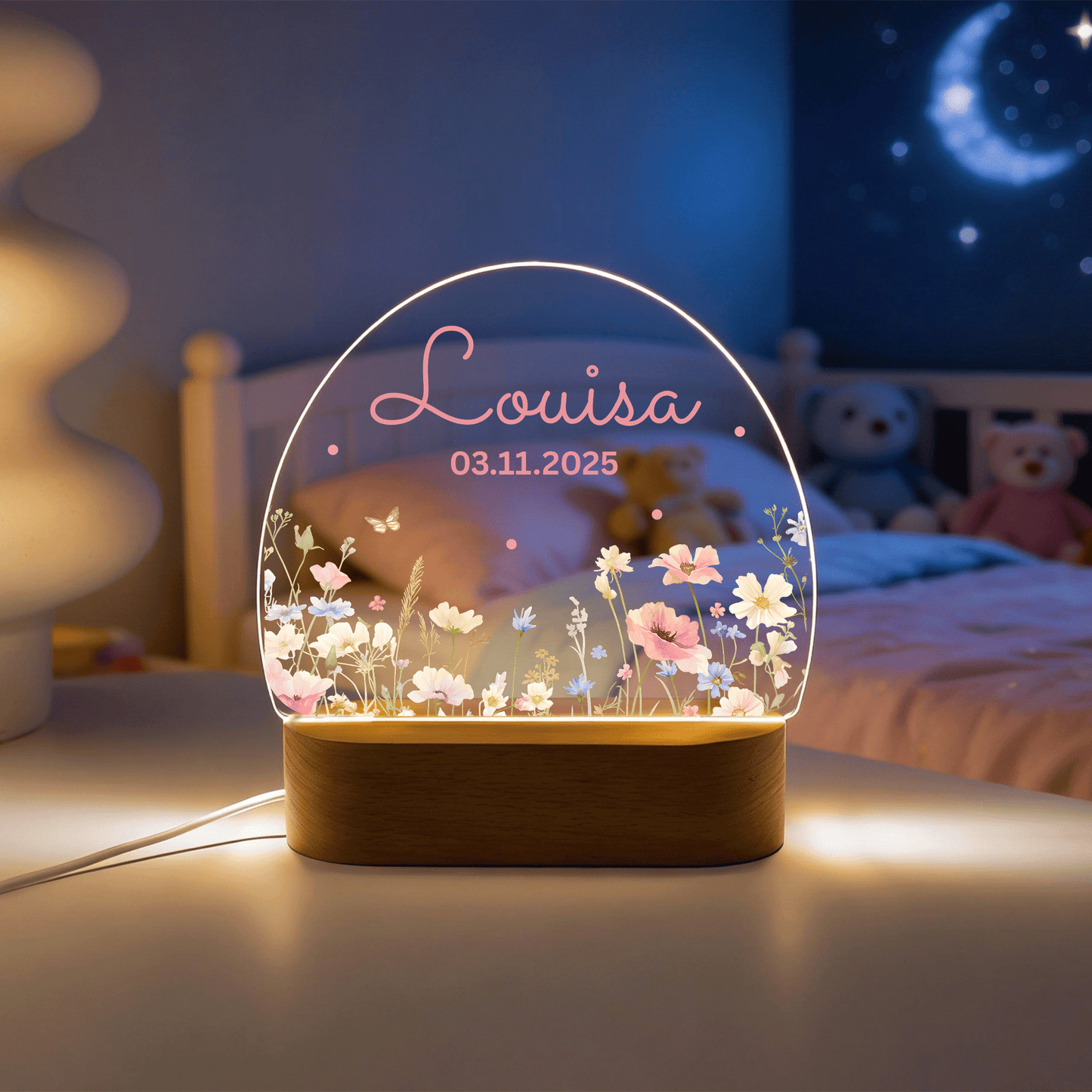 Personalisierte Nachtlampe LED - Blumenmotiv Rosa