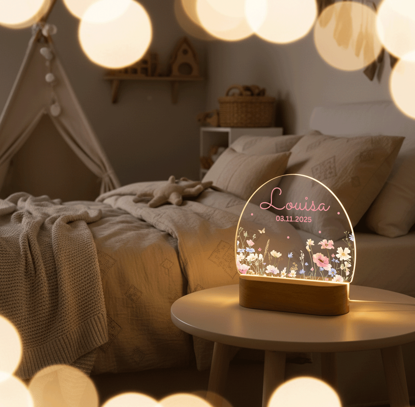 Personalisierte Nachtlampe LED - Blumenmotiv Rosa