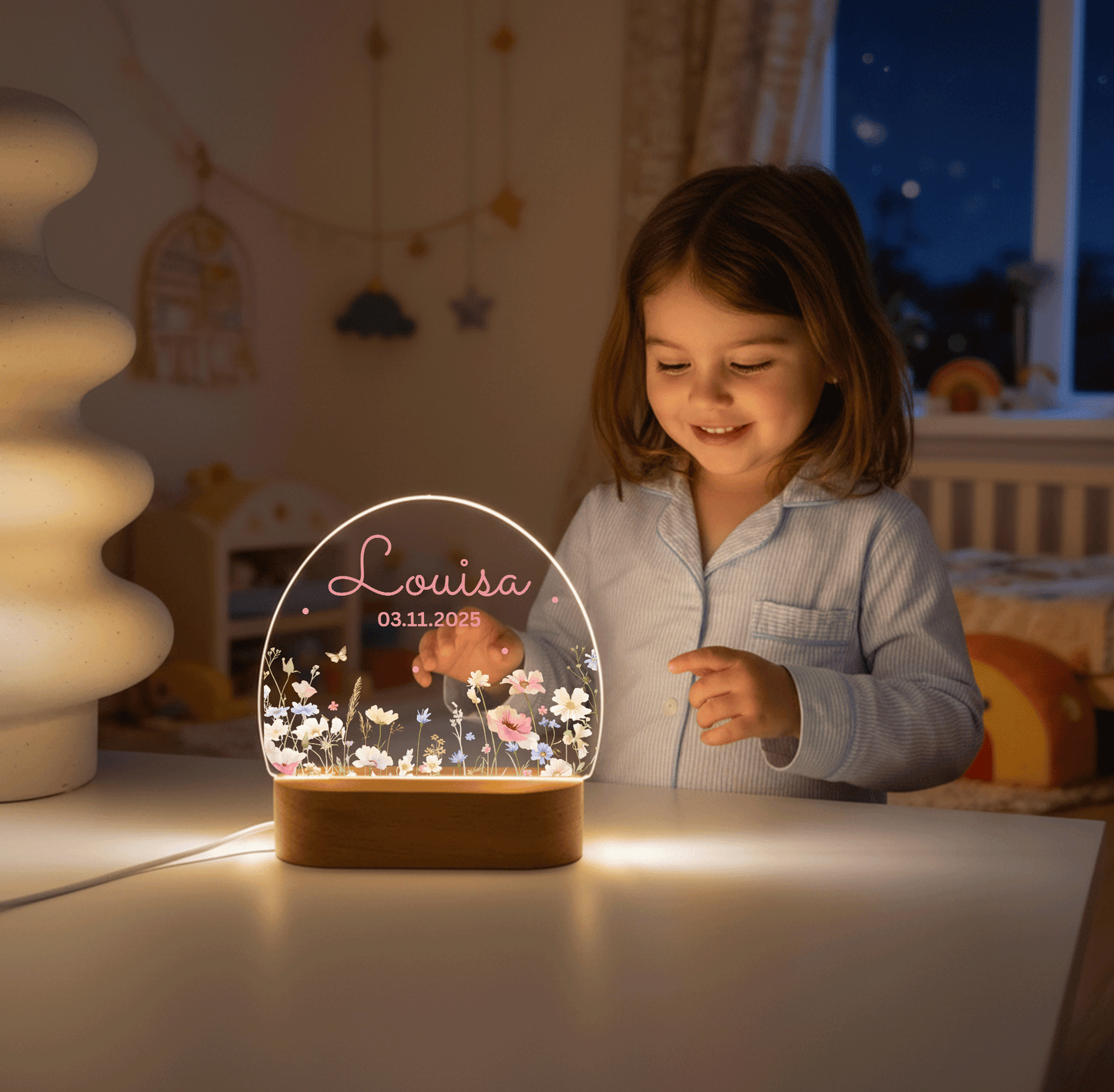 Personalisierte Nachtlampe LED - Blumenmotiv Rosa