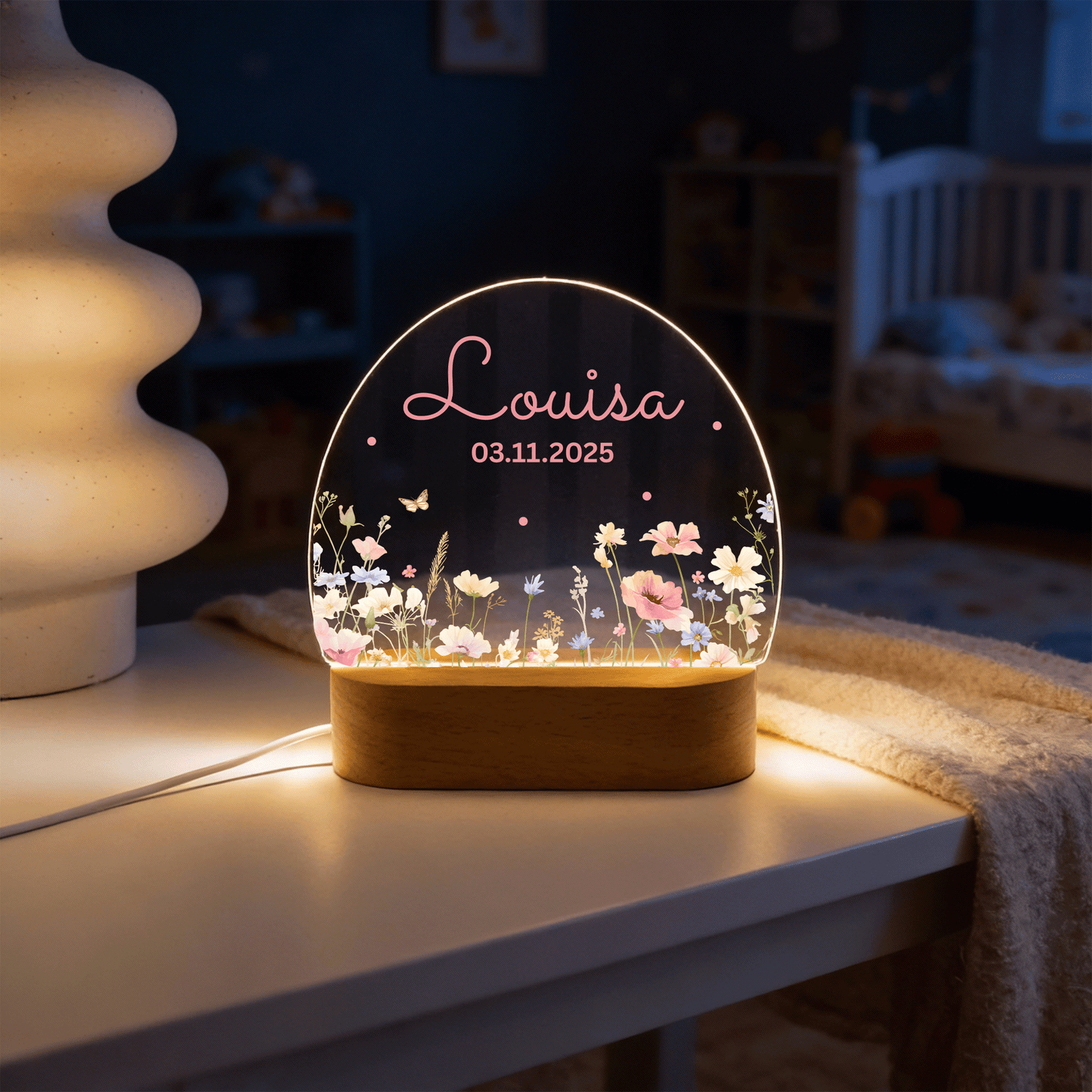 Personalisierte Nachtlampe LED - Blumenmotiv Rosa