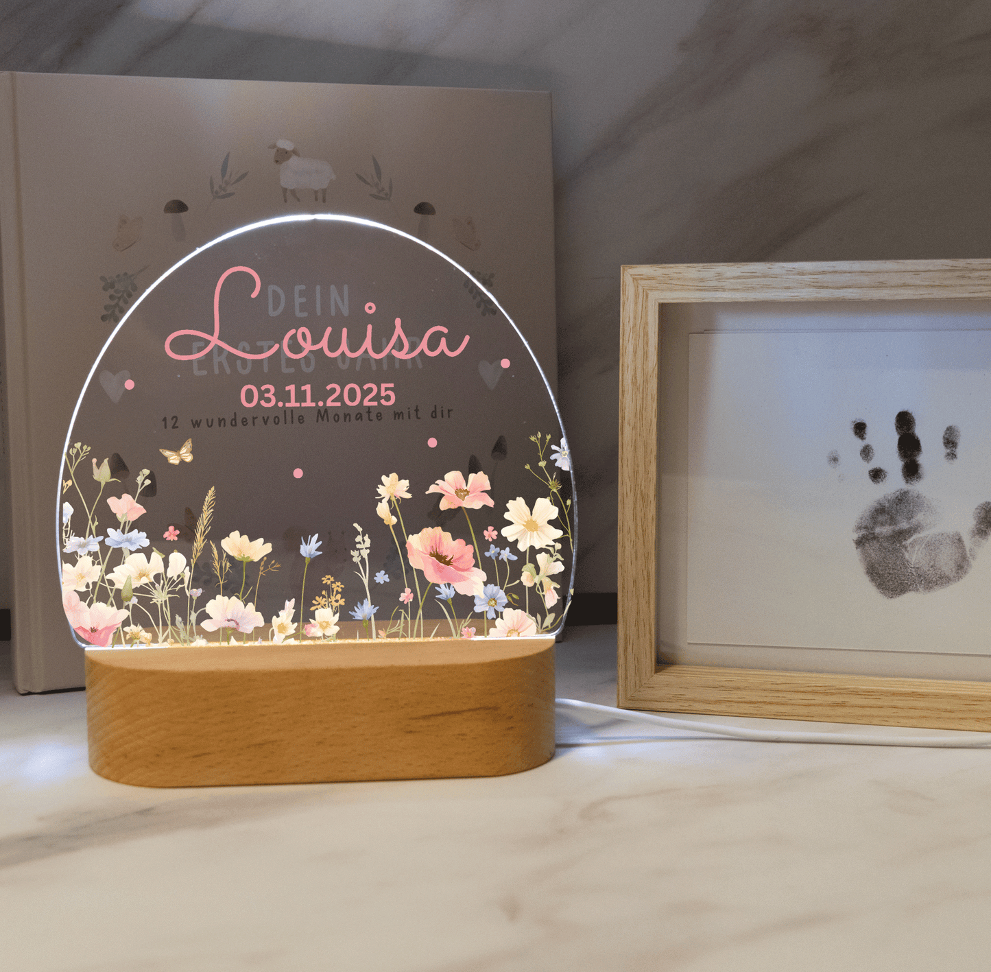 Personalisierte Nachtlampe LED - Blumenmotiv Rosa