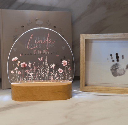 Personalisierte Nachtlampe LED - Blumenmotiv Rosa Pastell