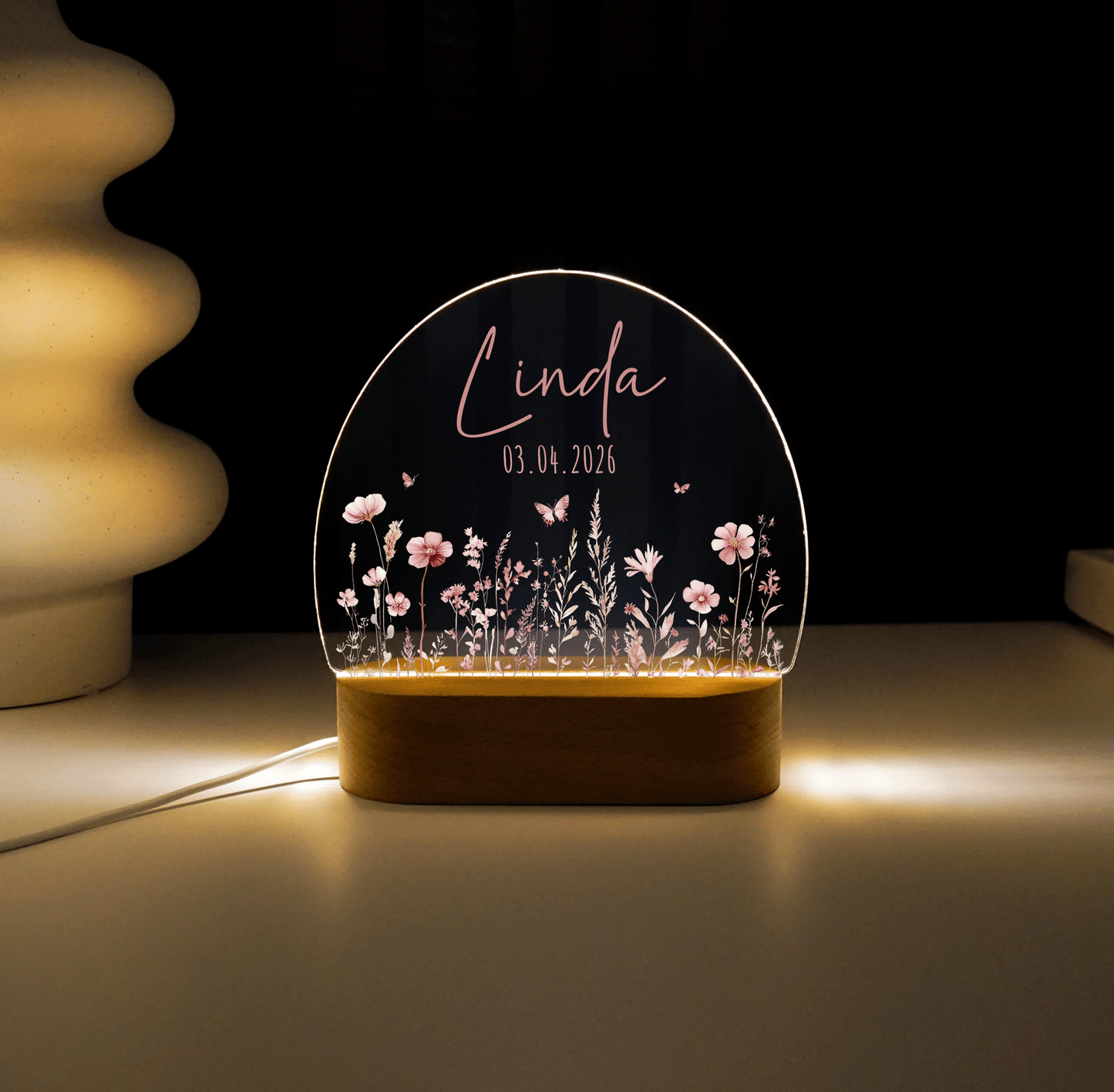 Personalisierte Nachtlampe LED - Blumenmotiv Rosa Pastell