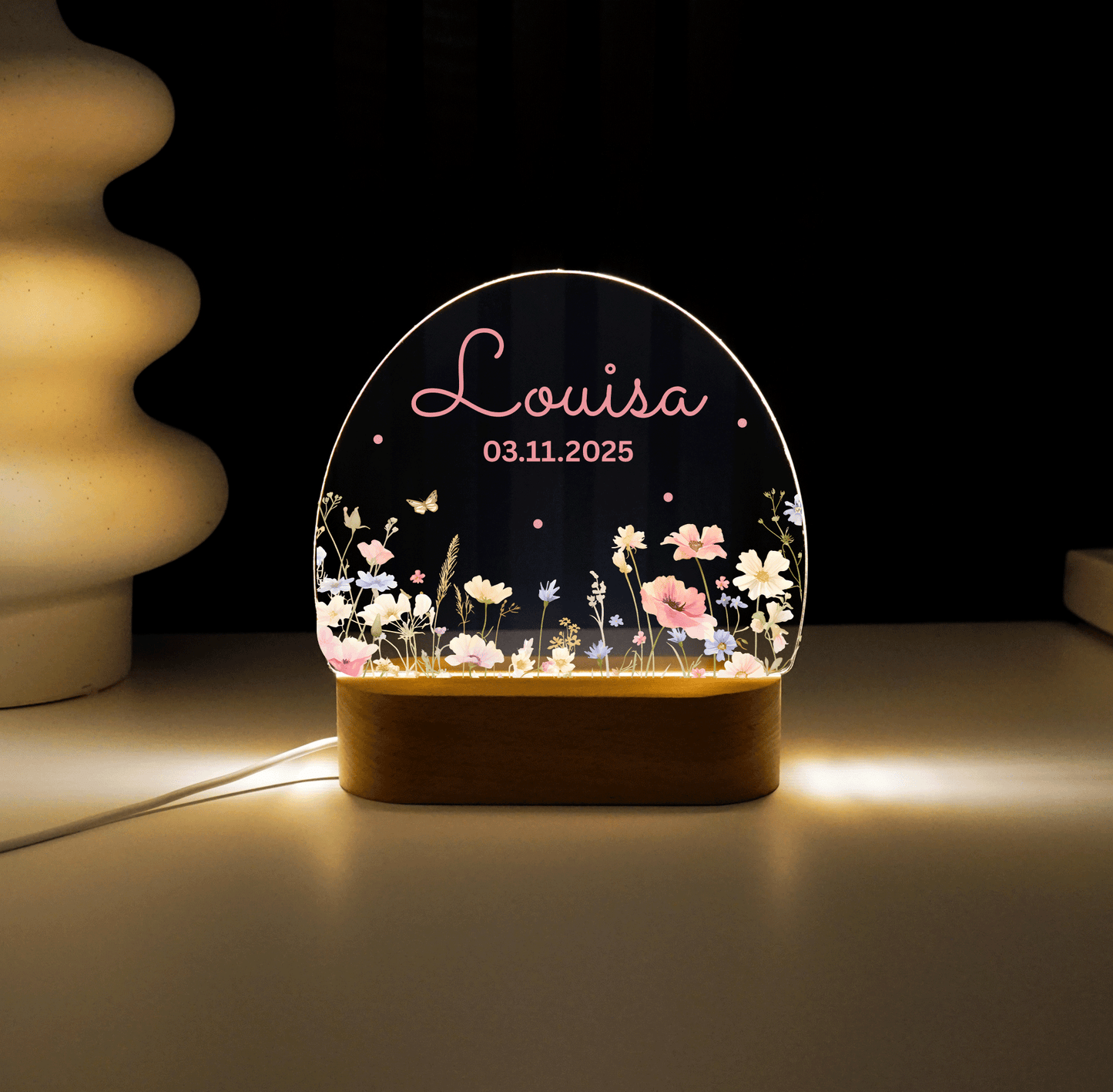 Personalisierte Nachtlampe LED - Blumenmotiv Rosa