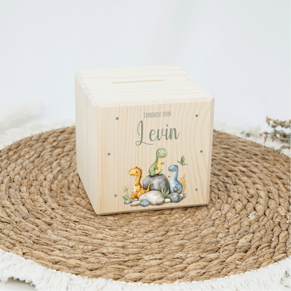 Personalisierte Spardose aus Holz - Dino Familie