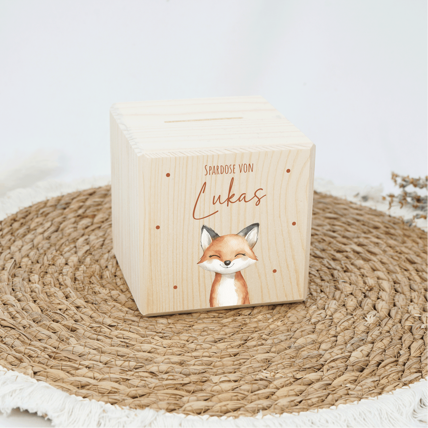 Personalisierte Spardose aus Holz - Süßer Fuchs