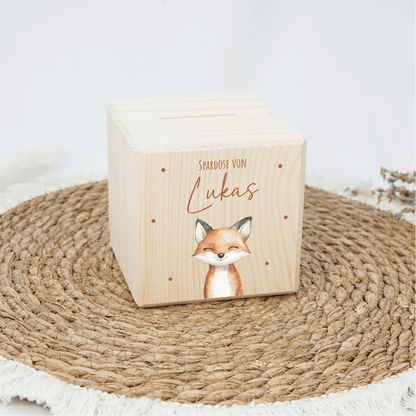 Personalisierte Spardose aus Holz - Süßer Fuchs