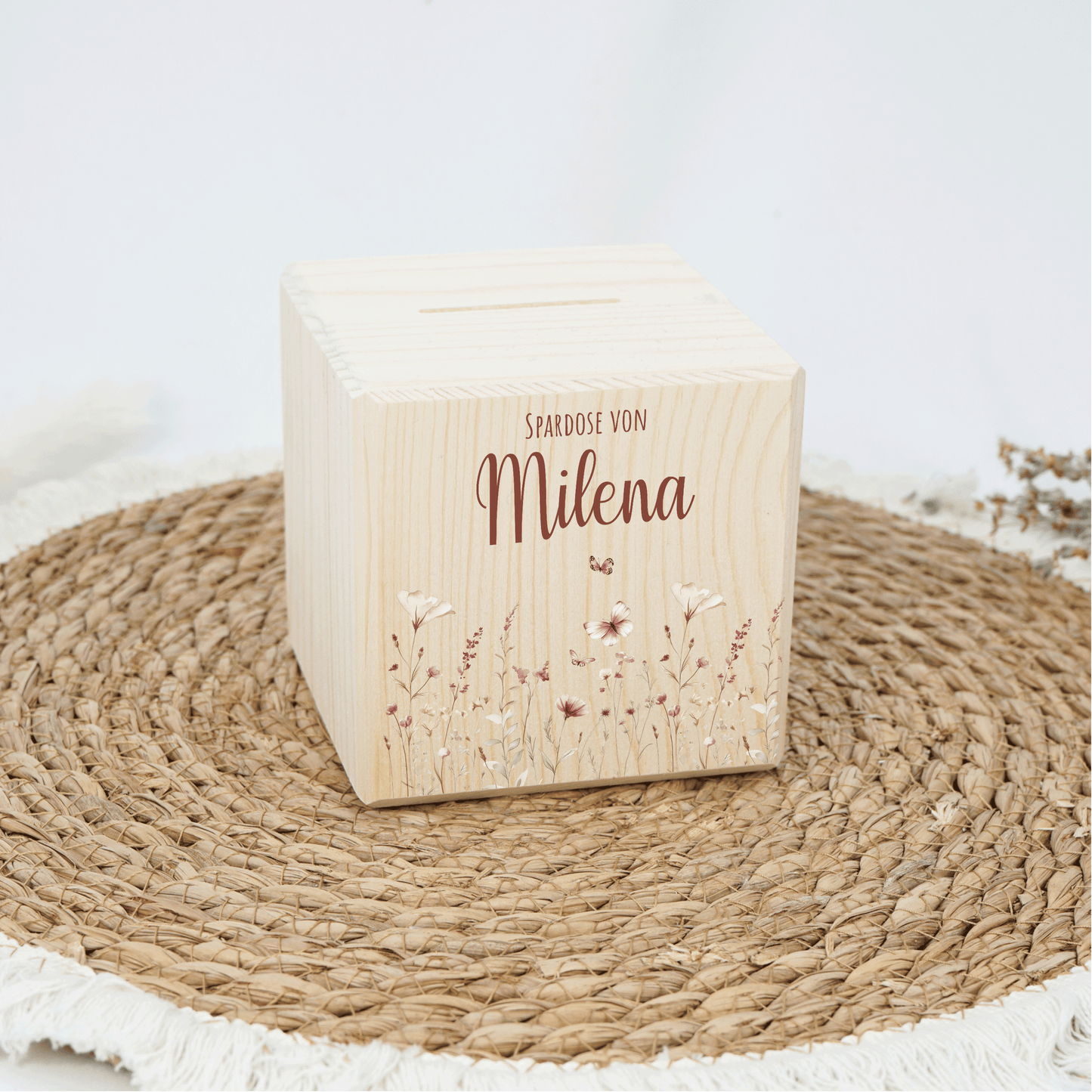 Personalisierte Spardose aus Holz - Blumenmotiv