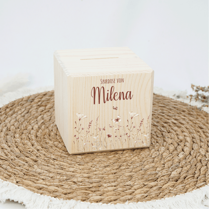 Personalisierte Spardose aus Holz - Blumenmotiv