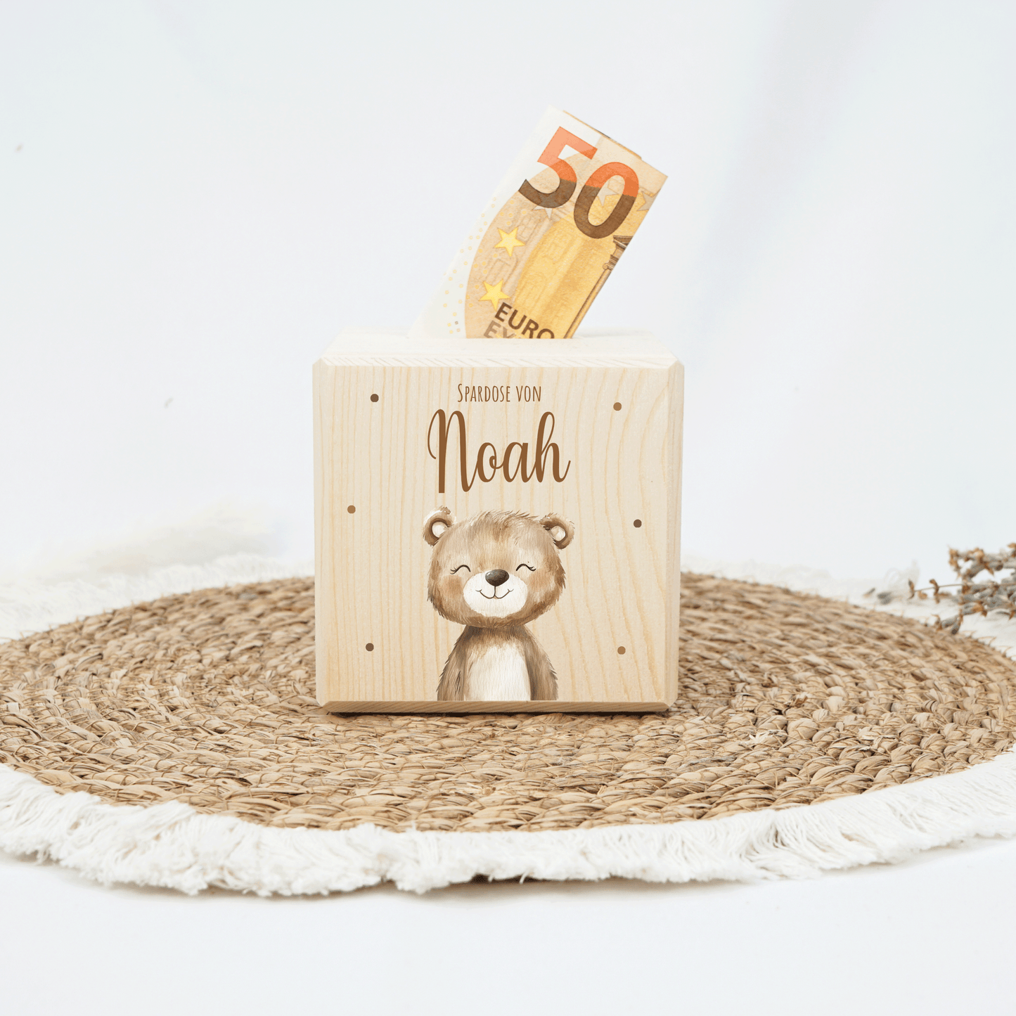 Personalisierte Spardose aus Holz - Süßer Teddy