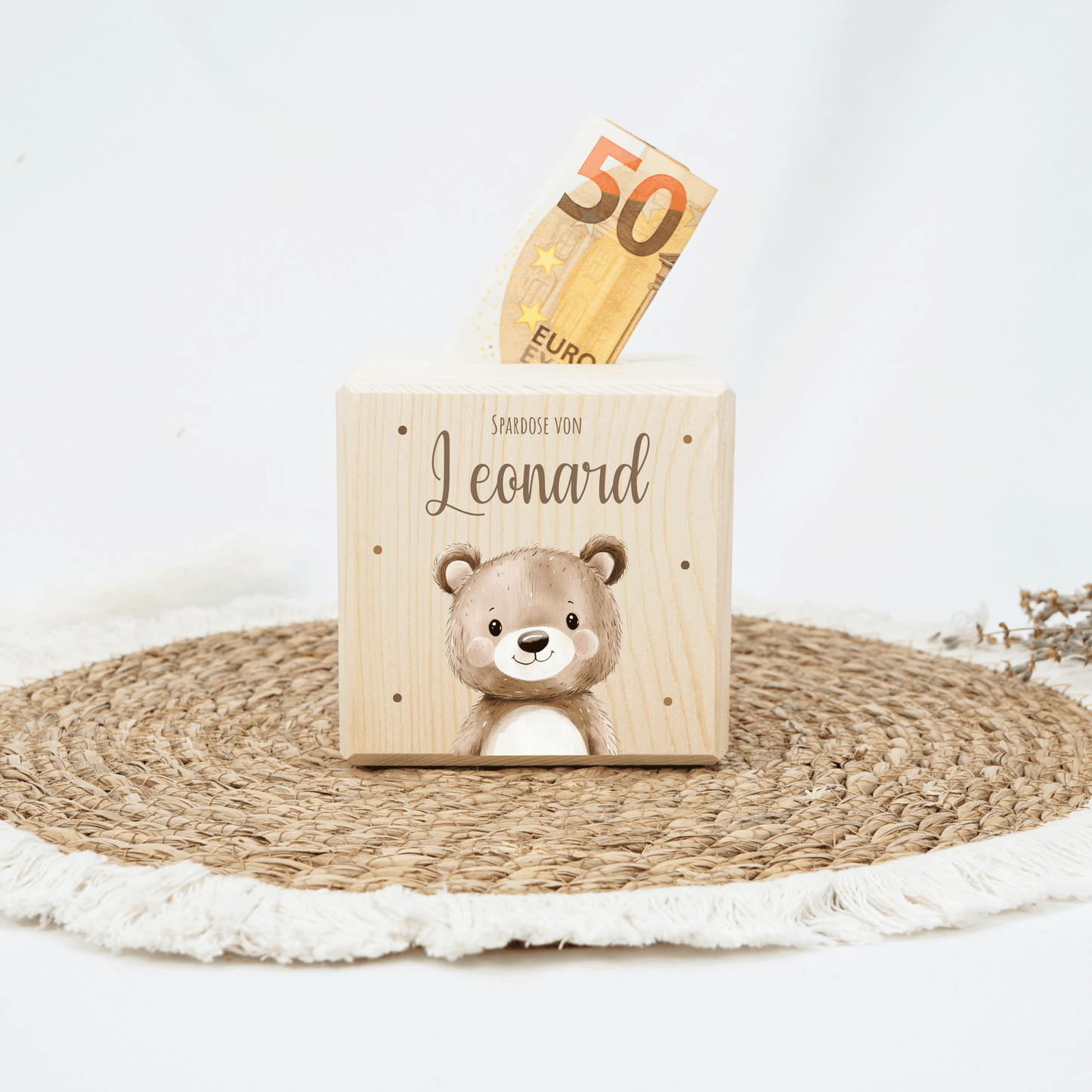 Personalisierte Spardose aus Holz - Süßer Teddy