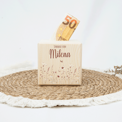 Personalisierte Spardose aus Holz - Blumenmotiv