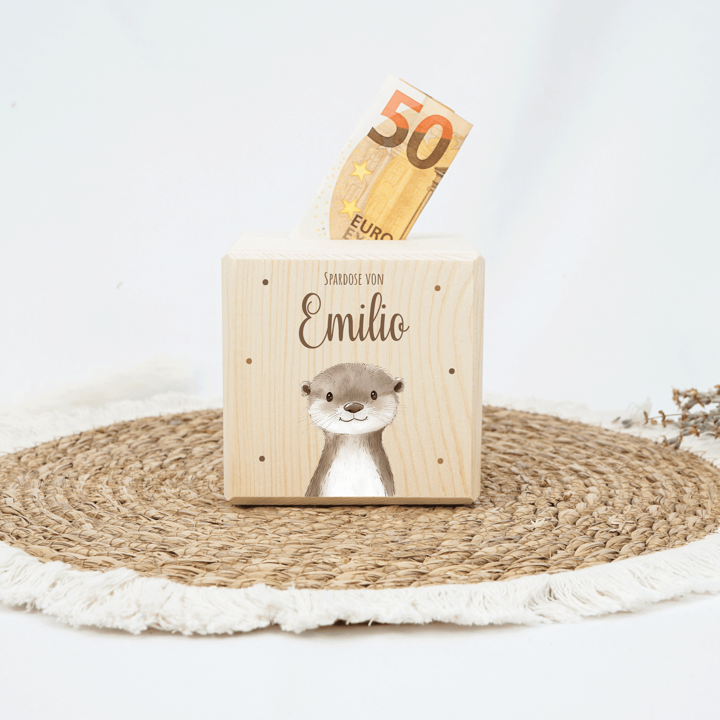 Personalisierte Spardose aus Holz - Otter