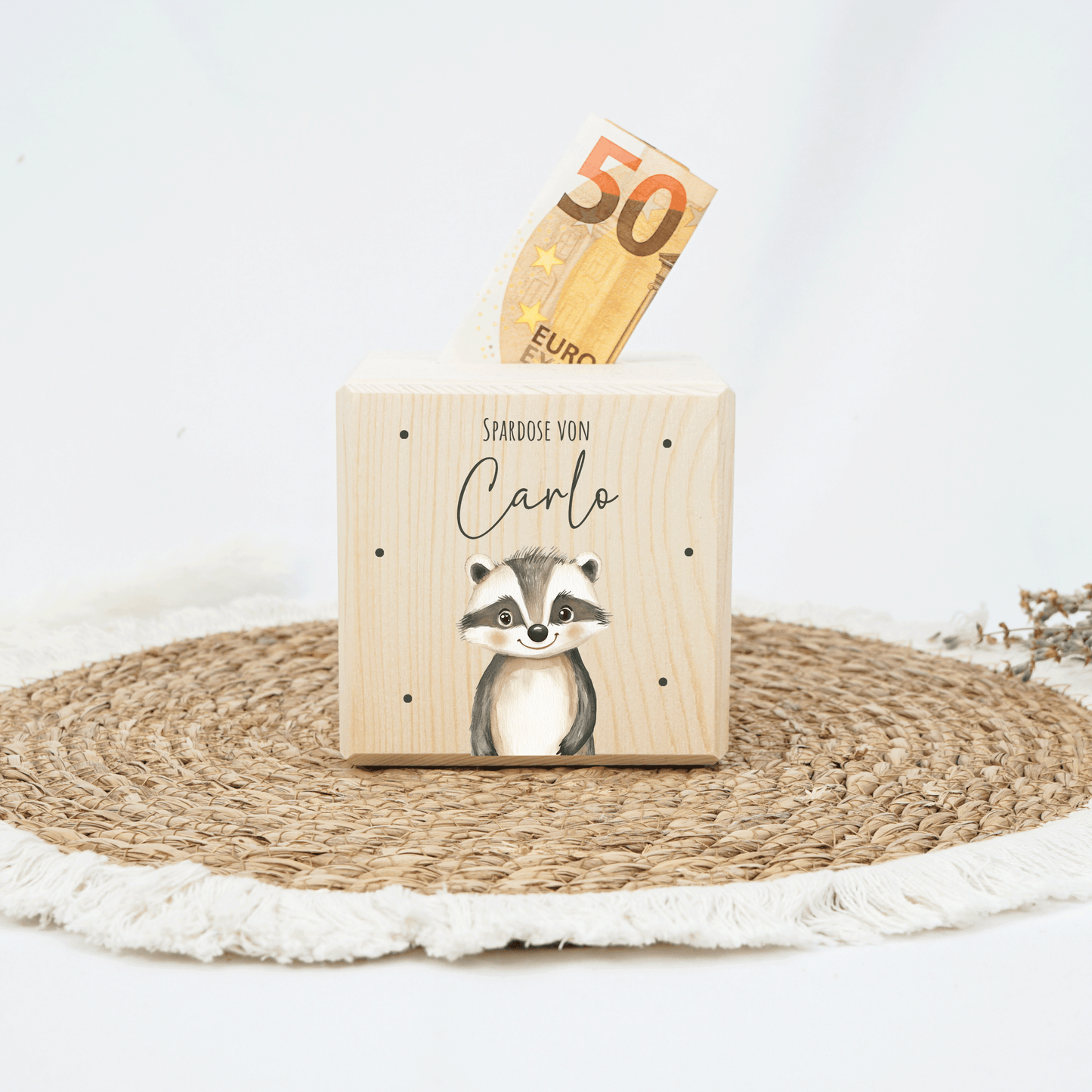 Personalisierte Spardose aus Holz - Waschbär