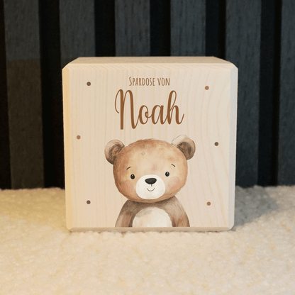 Personalisierte Spardose aus Holz - Süßer Teddybär
