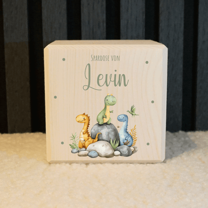 Personalisierte Spardose aus Holz - Dino Familie