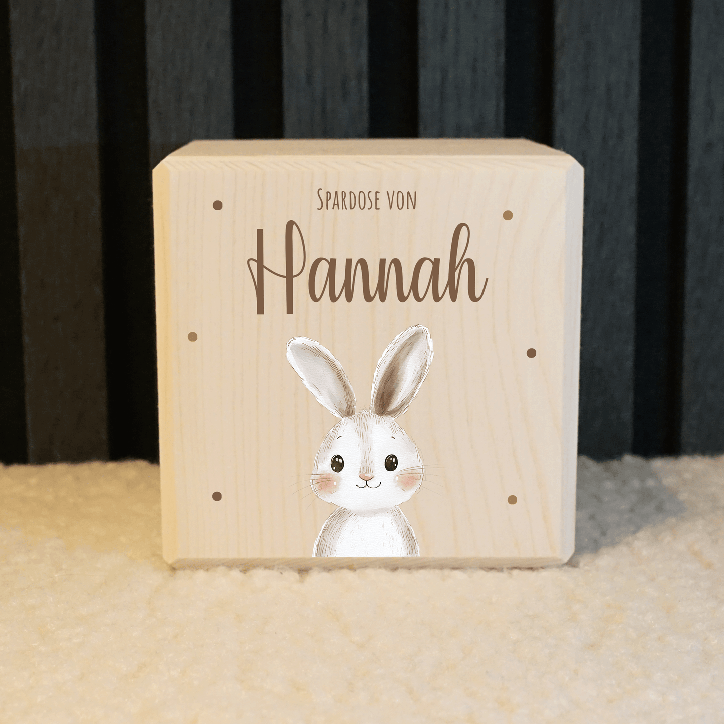 Personalisierte Spardose aus Holz - Hasenmotiv