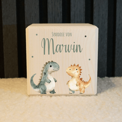 Personalisierte Spardose aus Holz - Dinomotiv