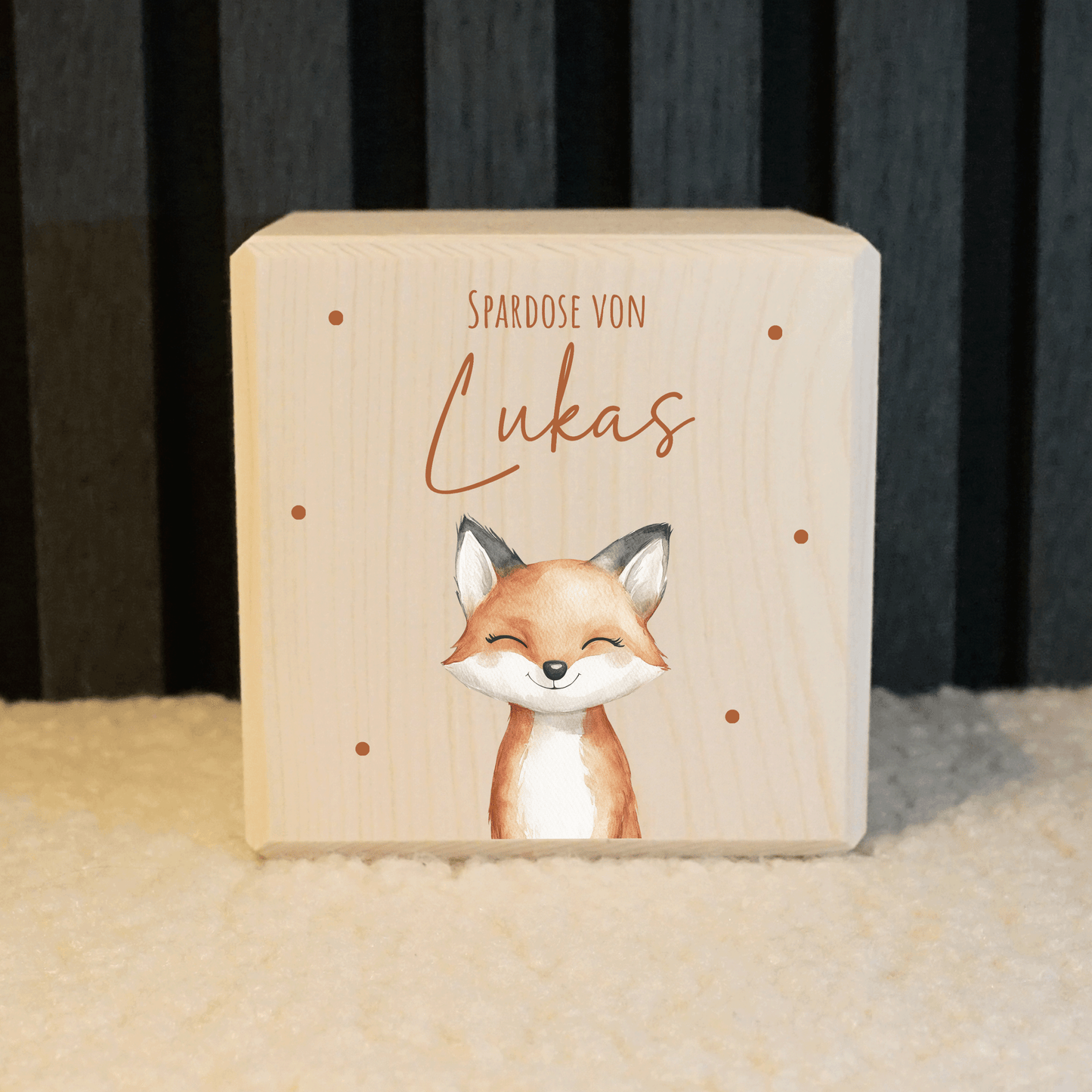 Personalisierte Spardose aus Holz - Süßer Fuchs
