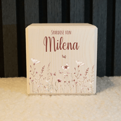 Personalisierte Spardose aus Holz - Blumenmotiv