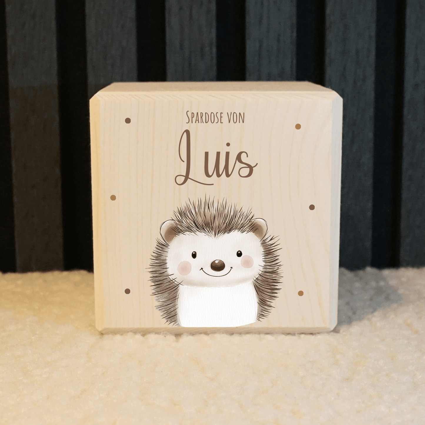 Personalisierte Spardose aus Holz - Igel