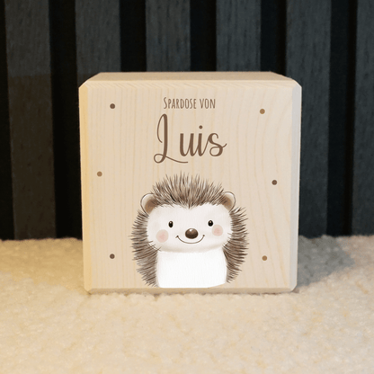 Personalisierte Spardose aus Holz - Igel