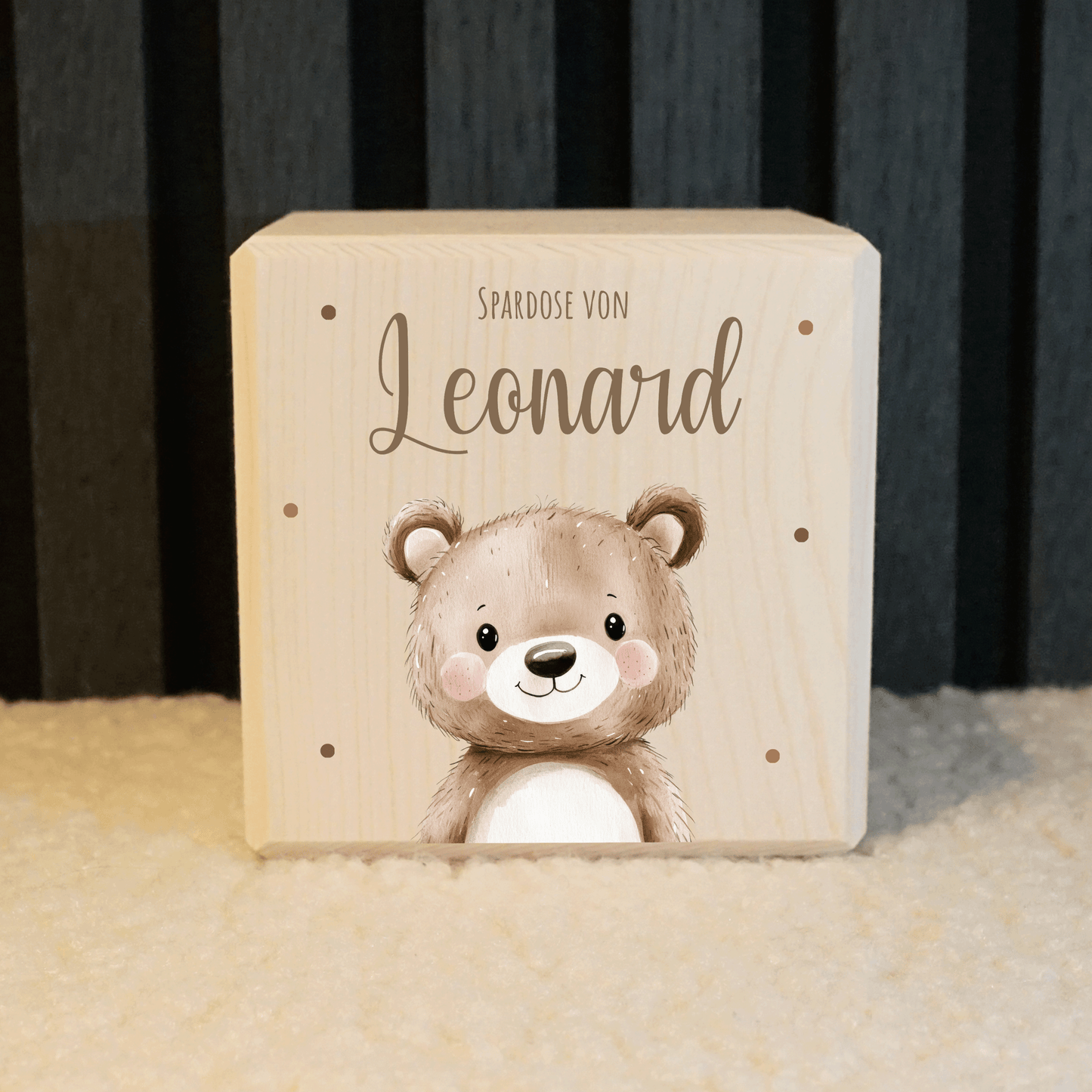 Personalisierte Spardose aus Holz - Süßer Teddy