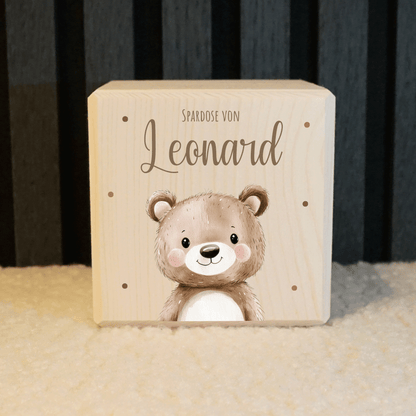 Personalisierte Spardose aus Holz - Süßer Teddy