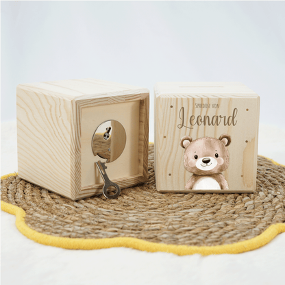 Personalisierte Spardose aus Holz - Süßer Teddy
