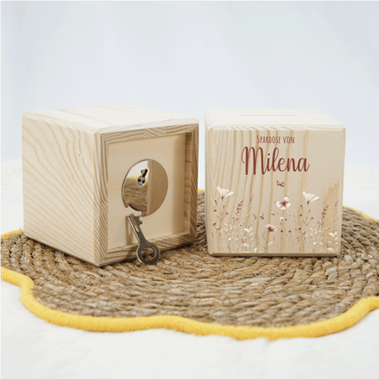 Personalisierte Spardose aus Holz - Blumenmotiv