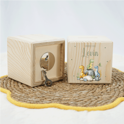 Personalisierte Spardose aus Holz - Dino Familie