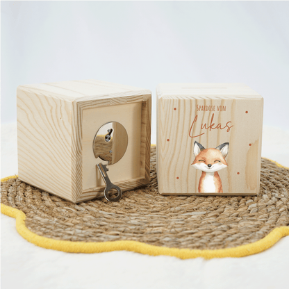 Personalisierte Spardose aus Holz - Süßer Fuchs