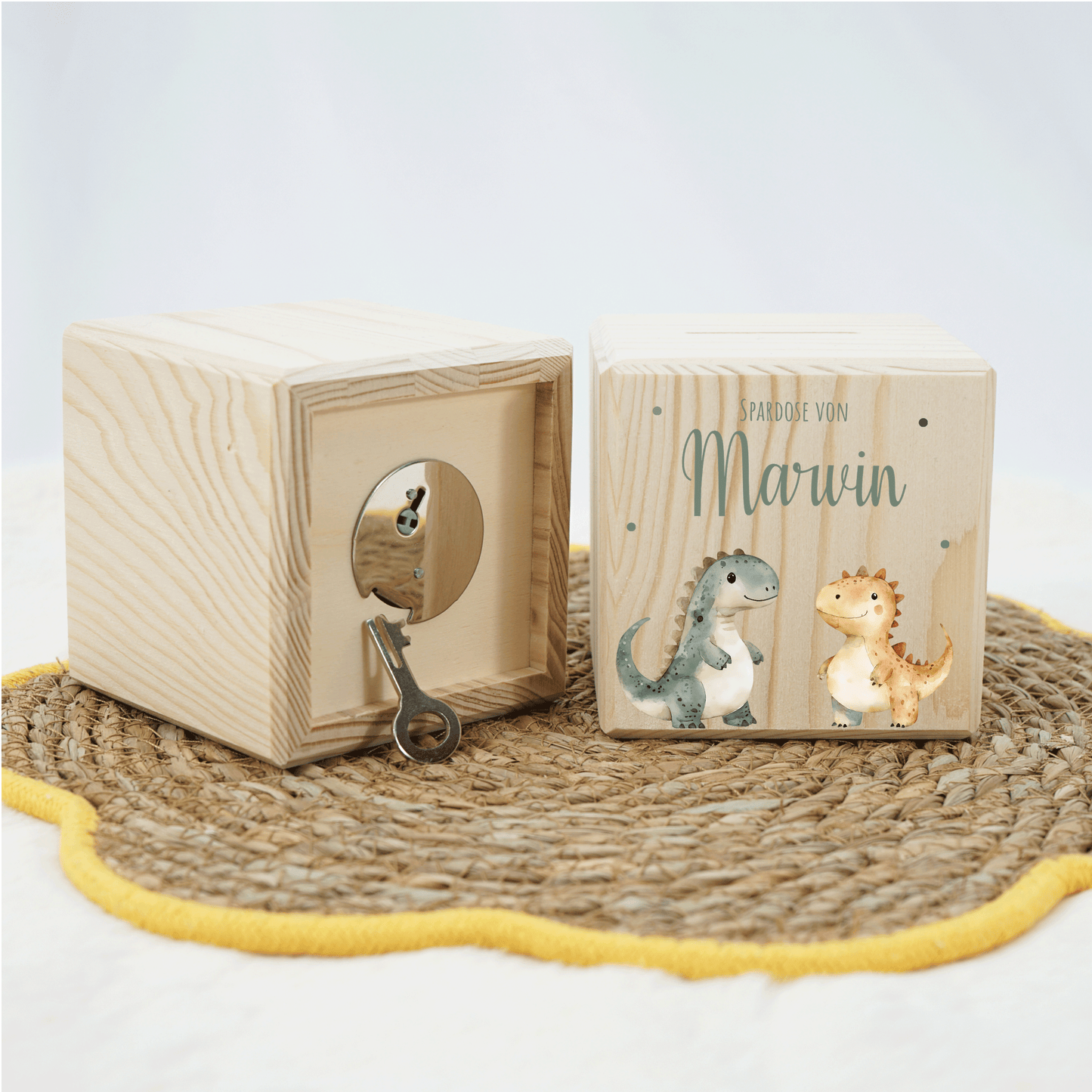 Personalisierte Spardose aus Holz - Dinomotiv