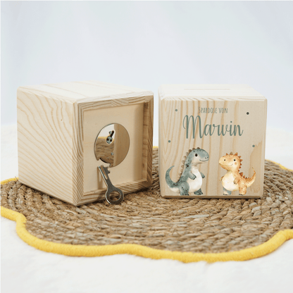 Personalisierte Spardose aus Holz - Dinomotiv