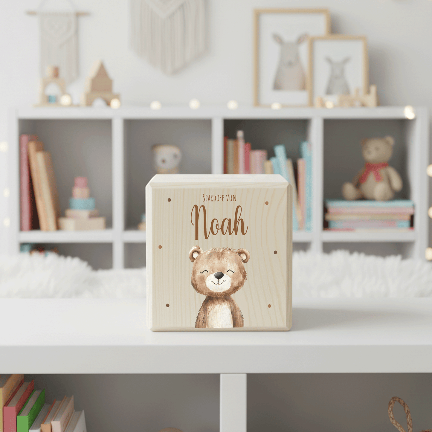 Personalisierte Spardose aus Holz - Süßer Teddy