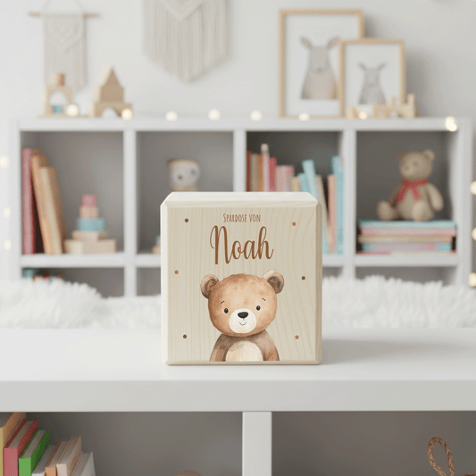 Personalisierte Spardose aus Holz - Süßer Teddybär