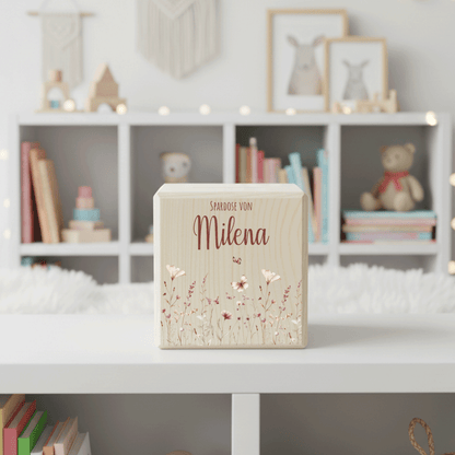 Personalisierte Spardose aus Holz - Blumenmotiv