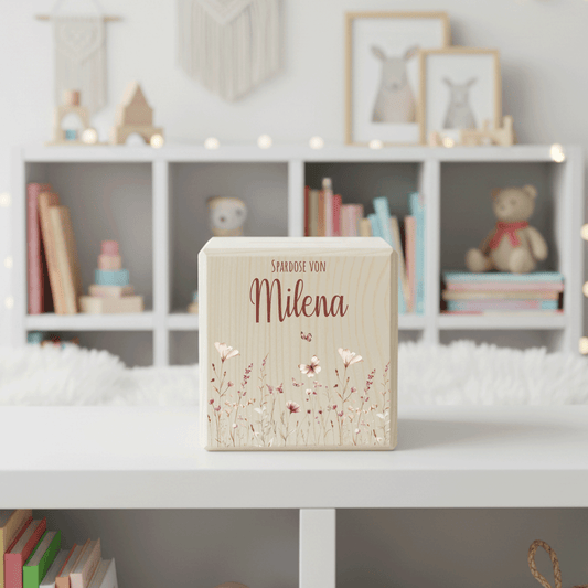 Personalisierte Spardose aus Holz - Blumenmotiv
