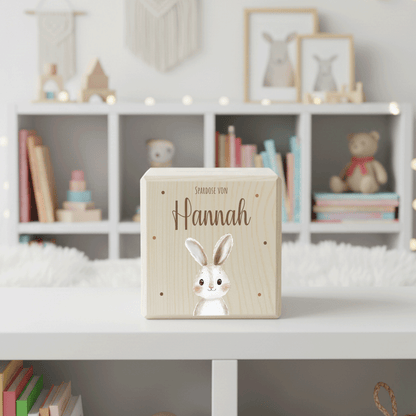 Personalisierte Spardose aus Holz - Hasenmotiv
